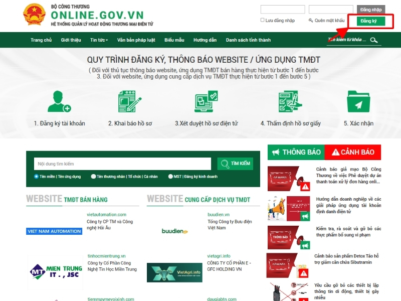 Đăng k&yacute; t&agrave;i khoản tr&ecirc;n hệ thống online.gov.vn